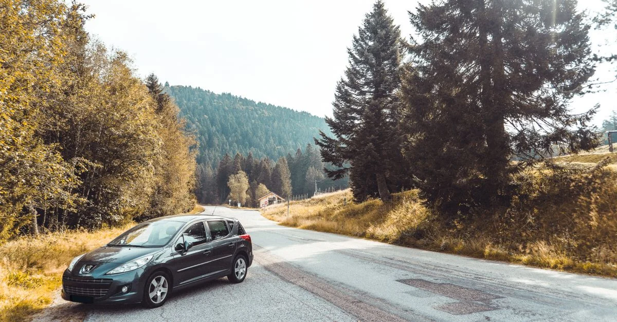 Une voiture noire sur une belle route d'automne à travers les forêts du Grand Est, France.