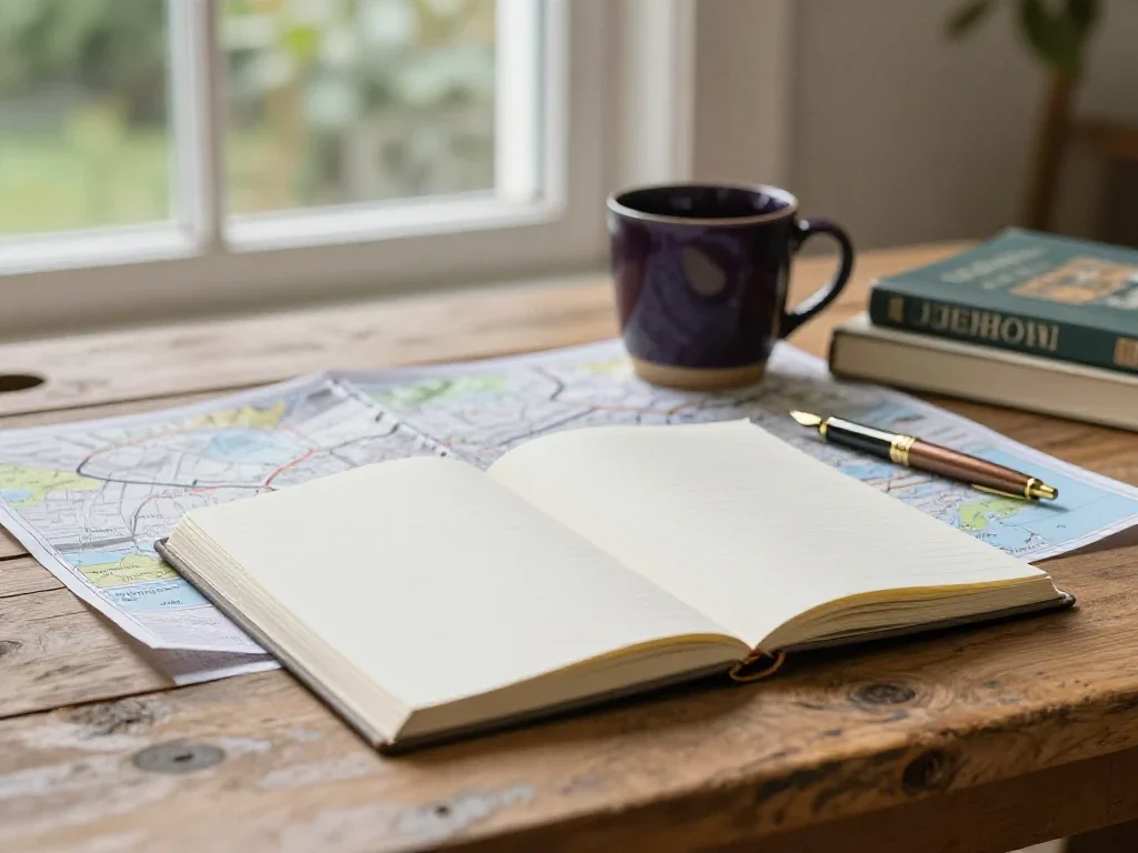 Table éditoriale avec carnet et carte routière pour préparer une décision éclairée.